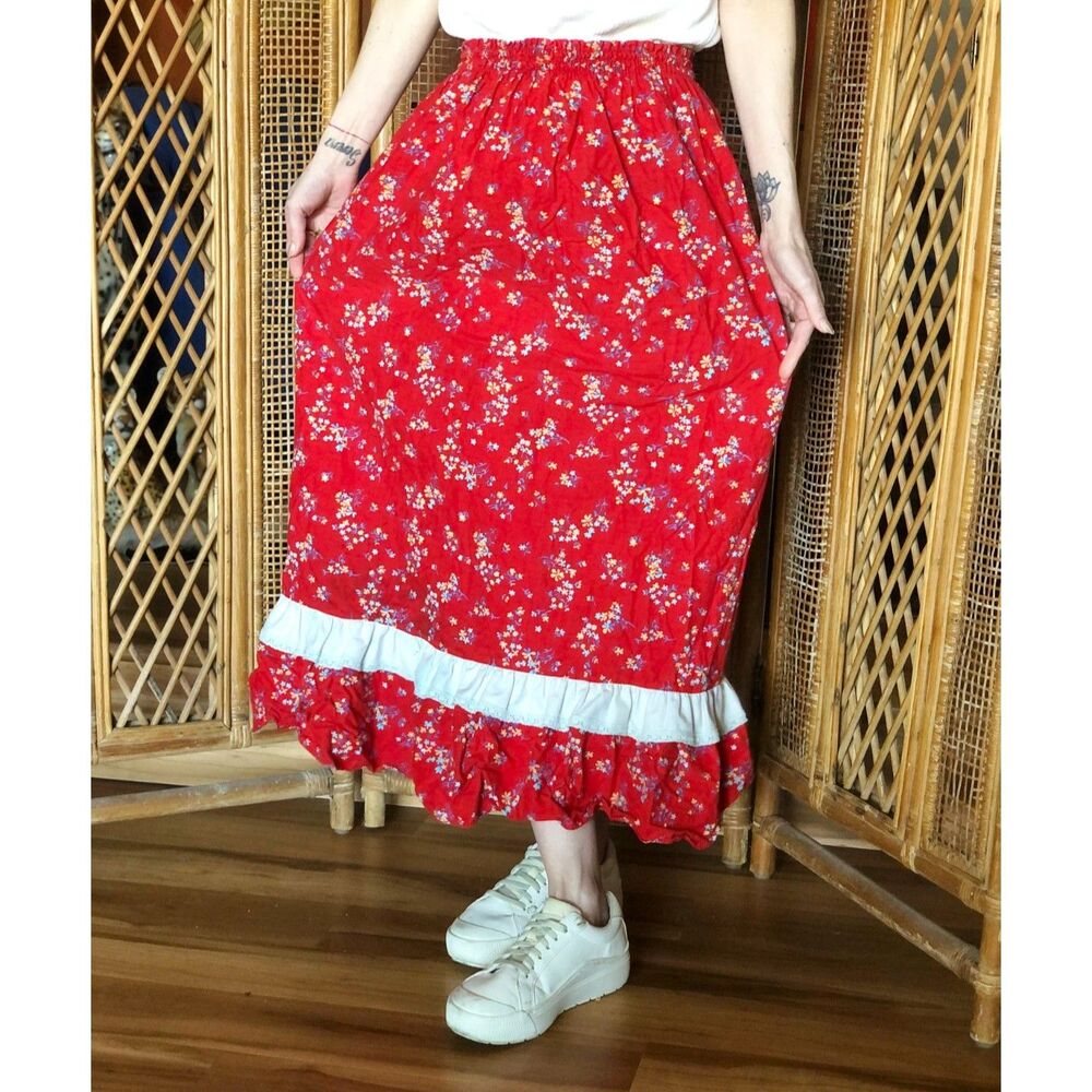 Vintage Cottagecore Floral Print Red Ruffled Maxi Skirt Farmcore Hippie 70s